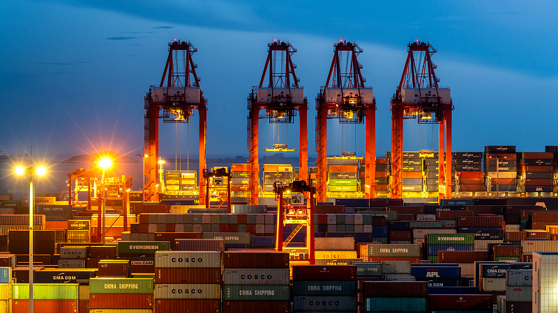 Night view of Shanghai Yangshan Port, Shanghai, China, August 5, 2019. /VCG