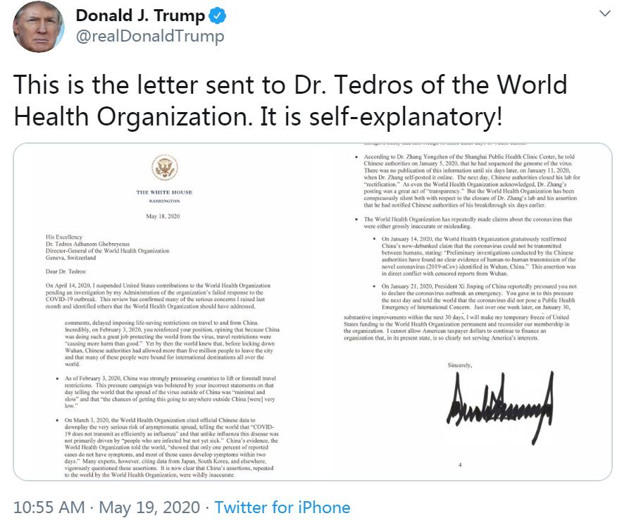 Trump's Twitter letter to Tedros full of political threats ...