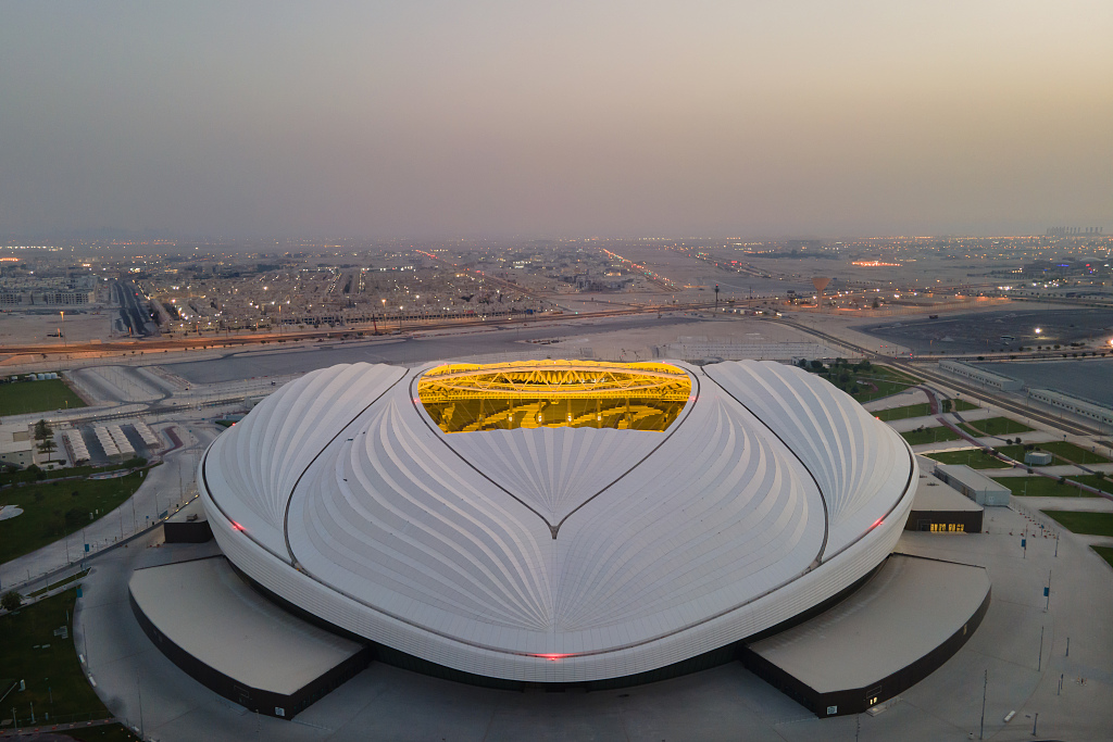 An aerial view of Al Janoub Stadium, a host venue for 2022 World Cup, at sunrise in Al Wakrah, June 21, 2022. /CFP