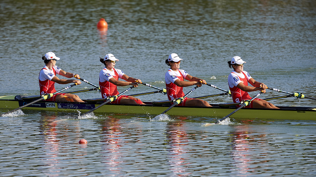 Chinese athletes compete in the women’s quadruple sculls final A and win the first place at the 2022 World Rowing Championships in Racice, Czech Republic, September 24, 2022. /CFP