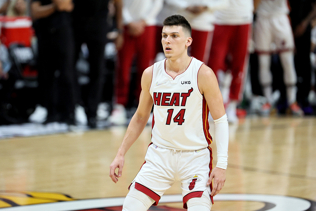 Tyler Herro of the Miami heat looks on in Game 7 of the NBA Eastern Conference Finals against the Boston Celtics at FTX Arena in Miami, Florida, May 29, 2022. /CFP