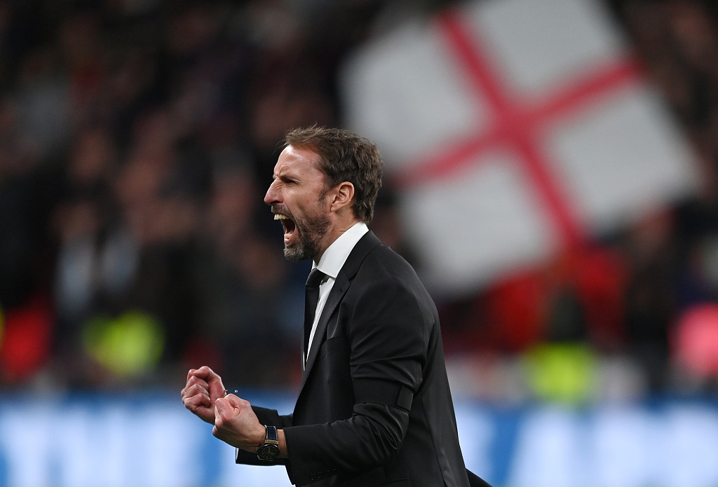 England manager Gareth Southgate celebrates his side's third goal during their Nations League clash with Germany at Wembley Stadium in London, England, September 26, 2022. /CFP