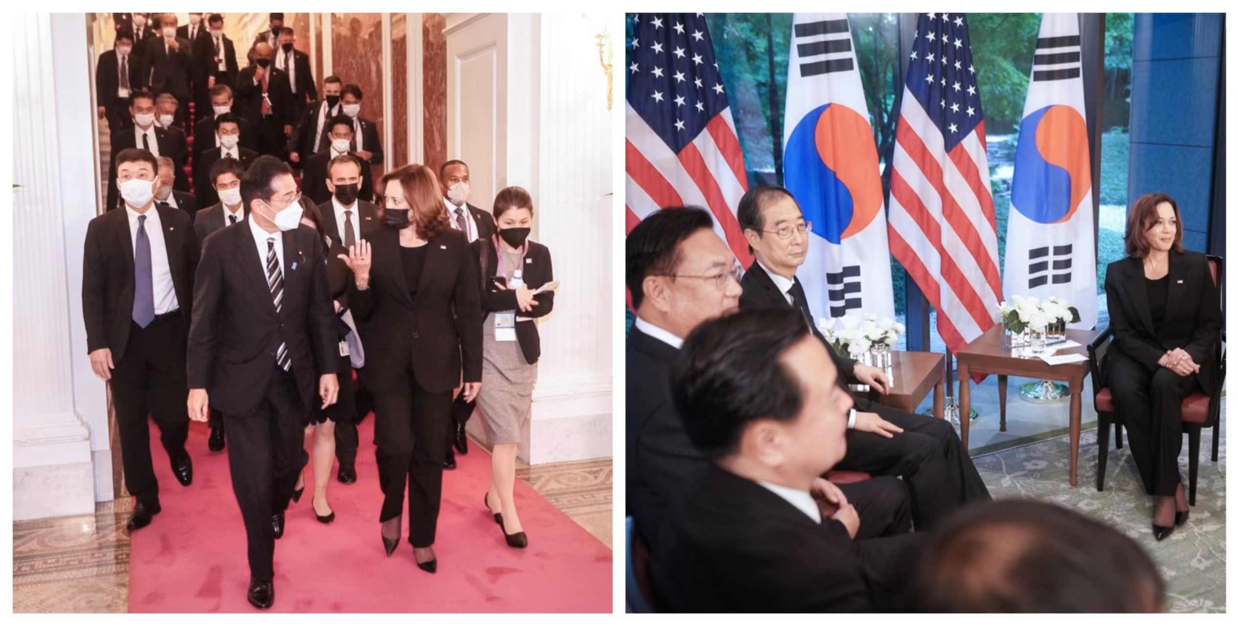 Left: U.S. Vice President Kamala Harris with Japanese Prime Minister Fumio Kishida in Tokyo, Japan, Sept. 26, 2022; Right: Harris with Han Duck-soo, Prime Minister of Republic of Korea, in Tokyo, Japan Sept. 27, 2022. /Twitter via @VP