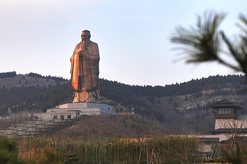 The 72-meter-high statue of Confucius in the square in Qufu City, east China's Shandong Province, is the tallest of its kind in the world, December 12, 2019. /CFP