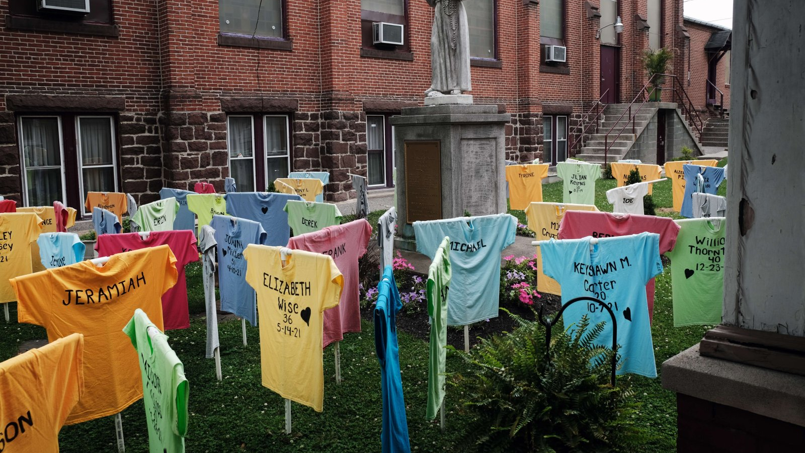 Shirts representing victims of gun violence in Harrisburg are displayed in a memorial at a church in Pennsylvania, U.S., June 22, 2022. /AFP 