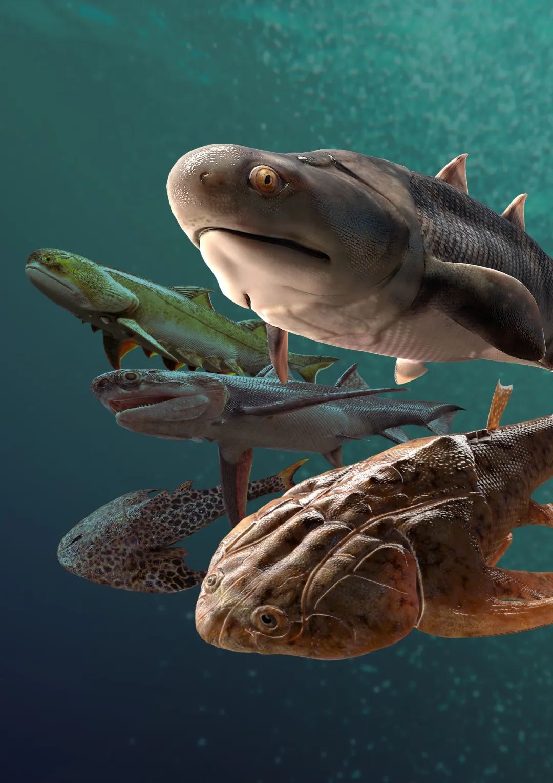 La imagen de restauración en 3D de las cinco especies de peces primitivos encontradas en los fósiles en China.  /CAS