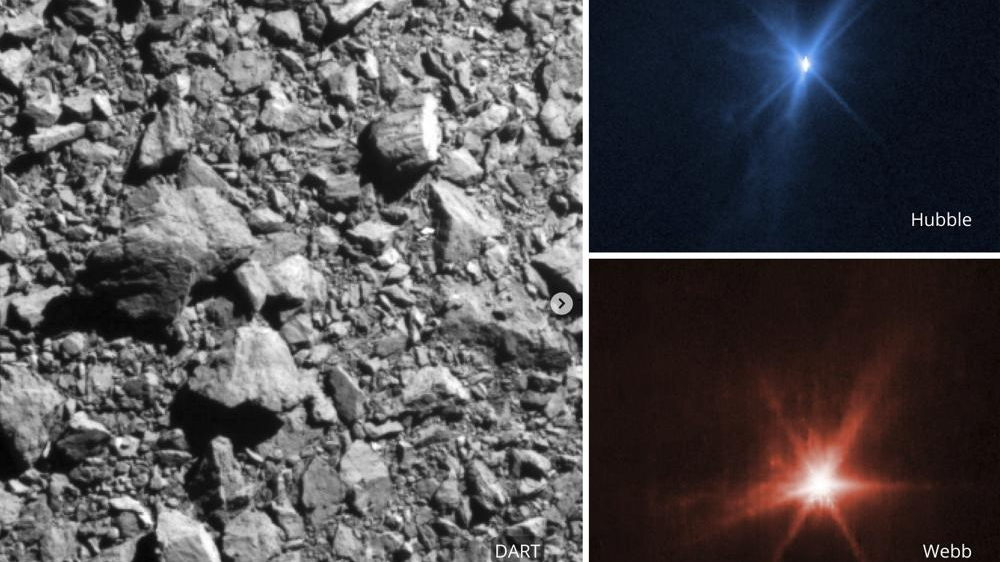 These images show three different views of the DART spacecraft impact on the asteroid Dimorphos on September 26, 2022. On the left is the view from a forward camera on DART, upper right the Hubble Space Telescope and lower right the James Webb Space Telescope. /AP