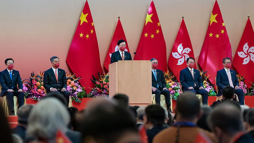 HKSAR Chief Executive John Lee (C) addresses a reception to celebrate National Day, Hong Kong, China, October 1, 2022. /CFP