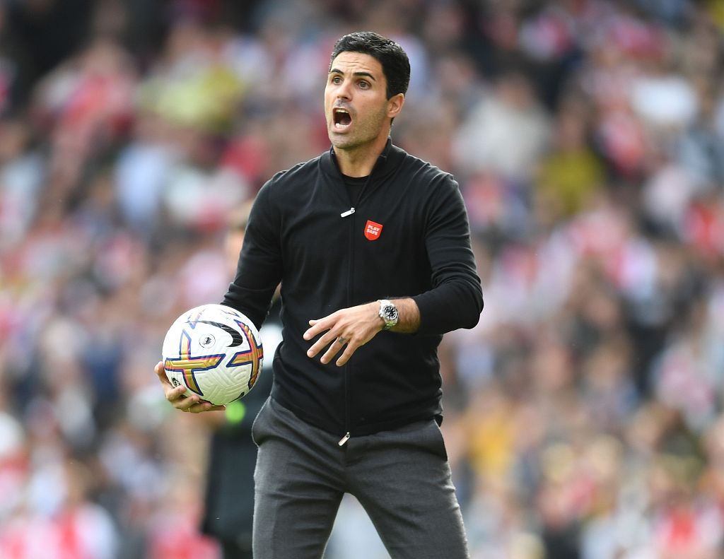 Mikel Arteta, manager of Arsenla looks on during the Premier League game against Tottenham Hotspur at Emirates Stadium in London, England, October 1, 2022. /CFP 