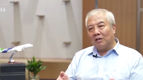 Wu Guanghui, an academician with the Chinese Academy of Engineering and the chief designer of the C919, speaks during an interview with CMG. /CMG