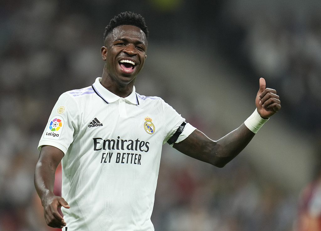 Real Madrid's Vinicius Junior celebrates after scoring his side's opening goal during their La Liga clash with Osasuna at the Estadio Santiago Bernabeu in Madrid, Spain, October 2, 2022. /CFP