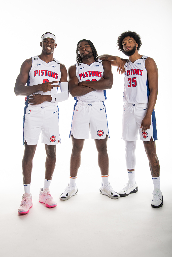 L-R: Jalen Duren, Isaiah Stewart and Marvin Bagley III of the Detroit Pistons pose for a portrait during media day at Little Caesars Arena in Detroit, Michigan, September 26, 2022. /CFP
