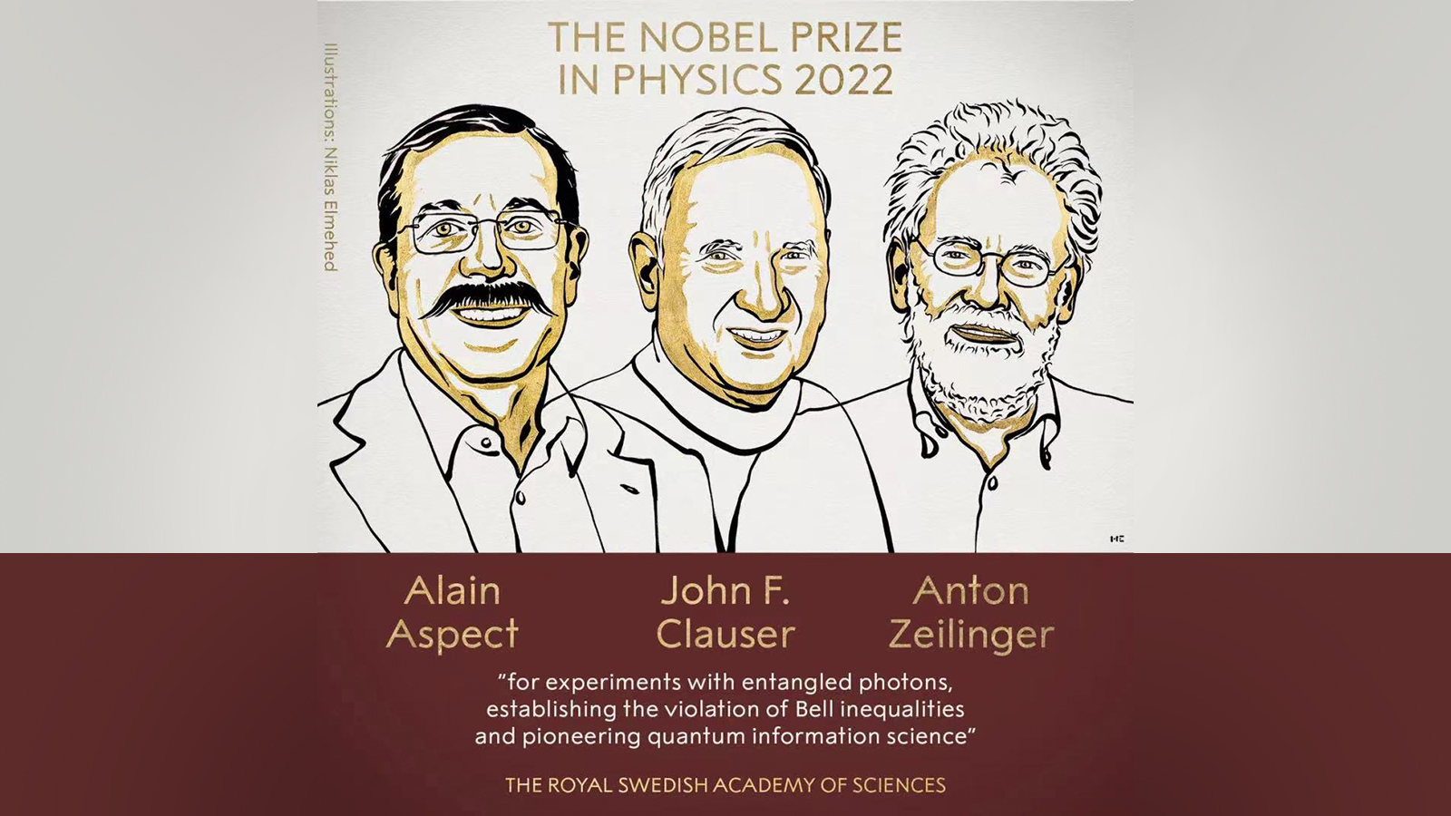 The laureates of the 2022 Nobel Prize in Physics are bestowed jointly to Alain Aspect, John F. Clauser and Anton Zeilinger. /Nobel Prize official website