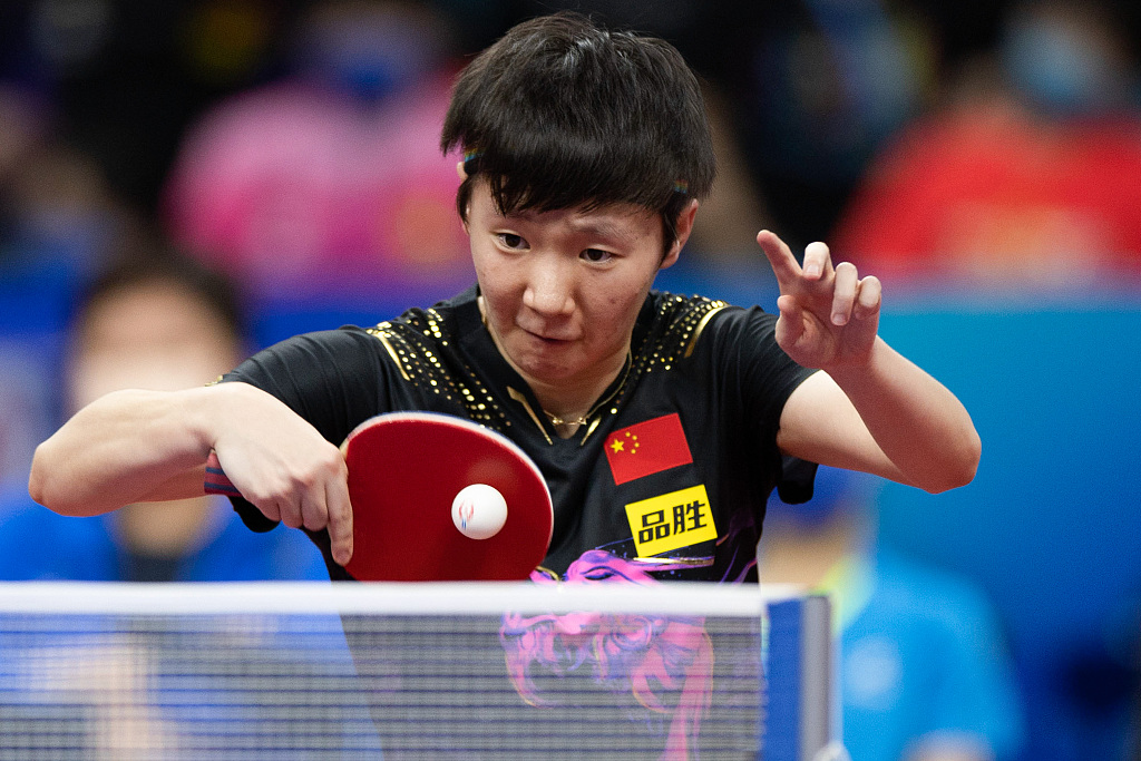 China's Wang Manyu in action during the World Team Table Tennis Championships in Chengdu, China, October 4, 2022. /CFP