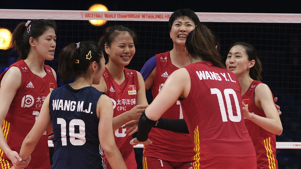 China players react after their win over Puerto Rico on Day 13 of the Volleyball Women's World Championship in Rotterdam, the Netherlands, October 5, 2022. /CFP
