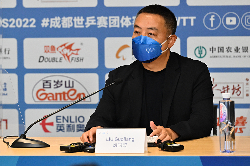 Liu Guoliang attends a press conference during the World Team Table Tennis Championships in Chengdu, southwest China's Sichuan Province, October 1, 2022. /CFP 