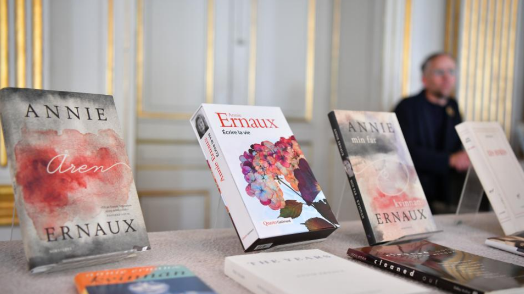 Works of Annie Ernaux are displayed during the announcement of the 2022 Nobel Prize in Literature, in Stockholm, Sweden, October 6, 2022. /Xinhua