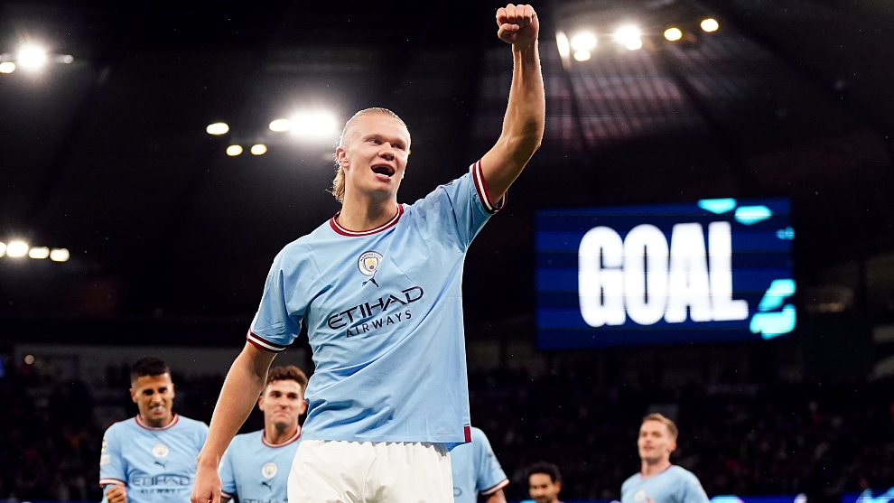 Manchester City's Erling Haaland celebrates scoring the opening goal during their Champions League clash with FC Copenhagen at the Etihad Stadium, Manchester, England, October 5, 2022. /CFP