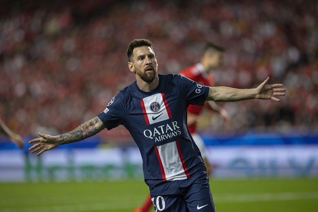 Lionel Messi of Paris Saint-Germain celebrates scoring a goal during their clash with Benfica at Estadio do Sport Lisboa e Benfica, Portugal, October 5, 2022. /CFP