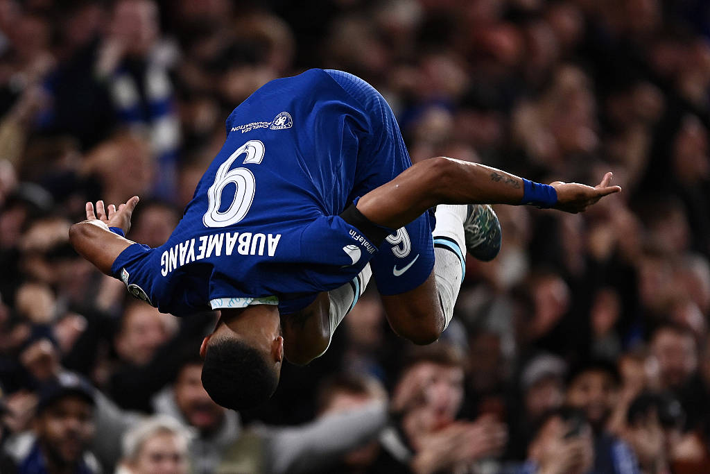 Pierre-Emerick Aubameyang of Chelsea celebrates after scoring a goal in the UEFA Champions League game against AC Milan at Stamford Bridge in London, England, October 5, 2022. /CFP