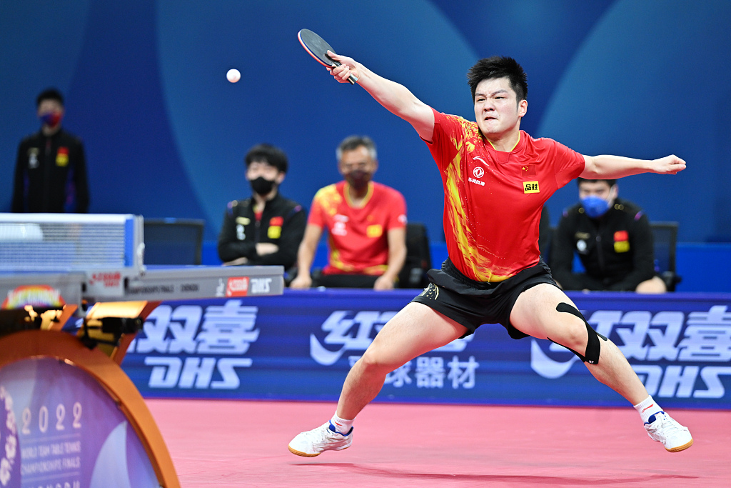 Fan Zhendong of China competes in the World Team Table Tennis Championships Men's quarterfinals match against Mattias Falck of Sweden in Chengdu, southwest China's Sichuan Province, October 7, 2022. /CFP