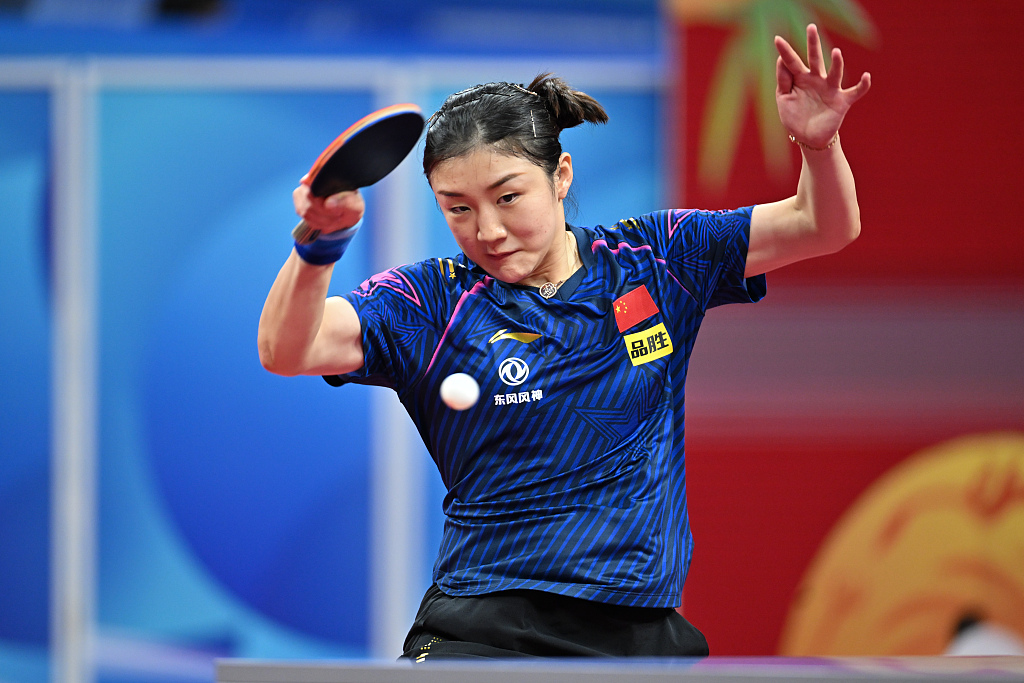 Chen Meng of China competes in the World Team Table Tennis Championships Women's semifinals match against Li Yu-jhun of Chinese Taipei in Chengdu, southwest China's Sichuan Province, October 7, 2022. /CFP