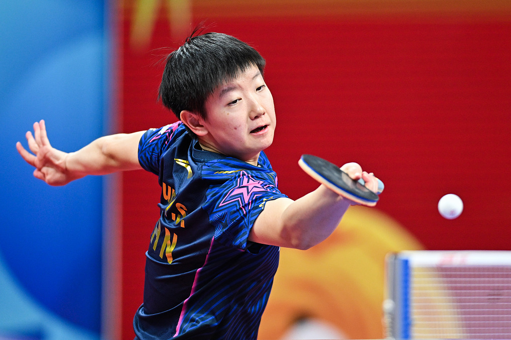 Sun Yingsha of China competes in the World Team Table Tennis Championships Women's semifinals match against Chen Szu-yu of Chinese Taipei in Chengdu, southwest China's Sichuan Province, October 7, 2022. /CFP
