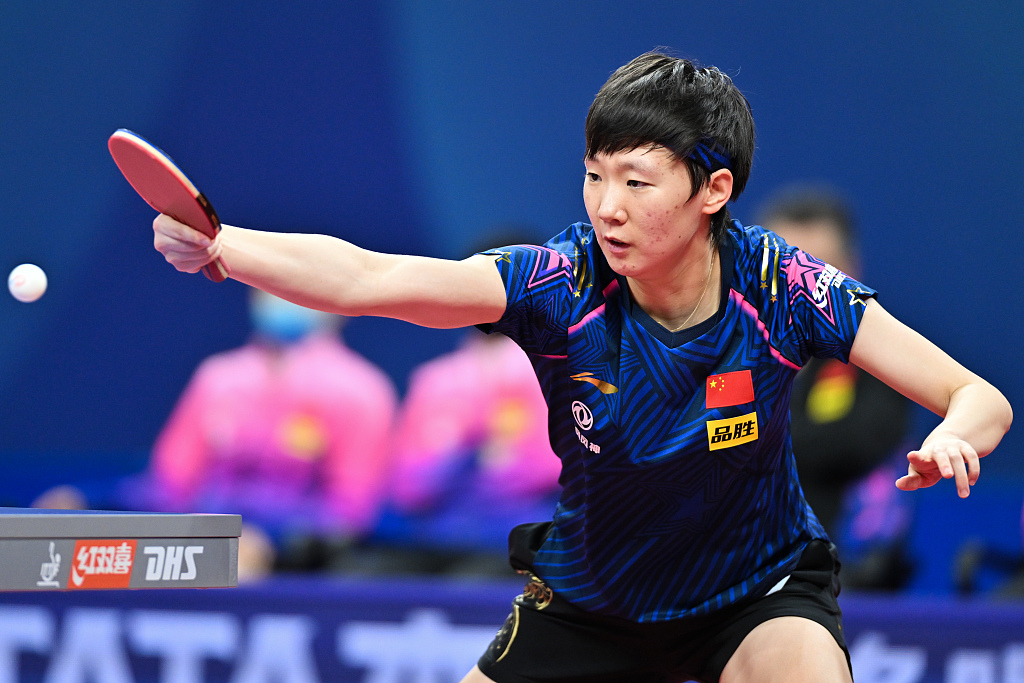 Wang Manyu of China competes in the World Team Table Tennis Championships Women's semifinals match against Liu Hsing-yin of Chinese Taipei in Chengdu, southwest China's Sichuan Province, October 7, 2022. /CFP