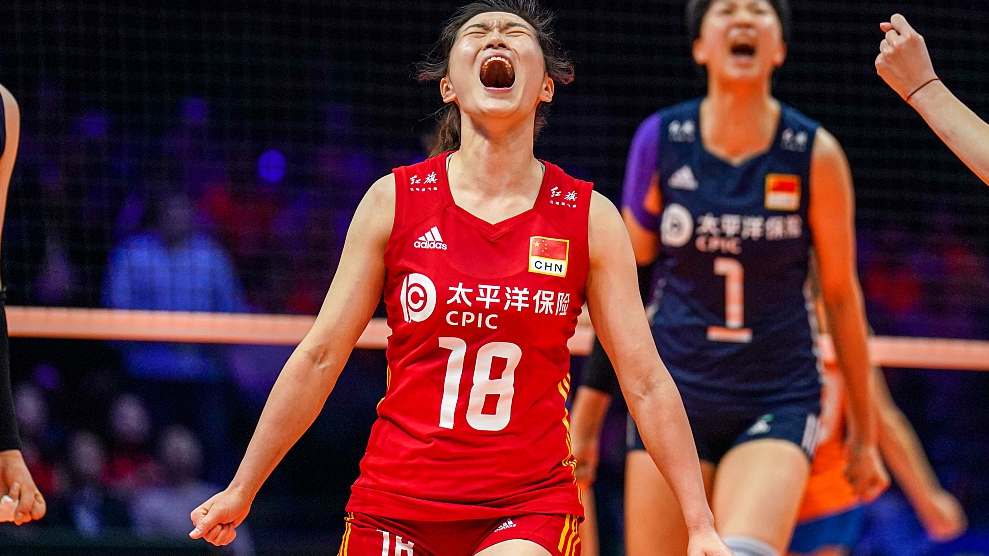 China's Wang Mengjie reacts after their win over the Netherlands on Day 13 of the Volleyball Womens World Championship at the Ahoy Arena in Rotterdam, the Netherlands, October 6, 2022. /CFP