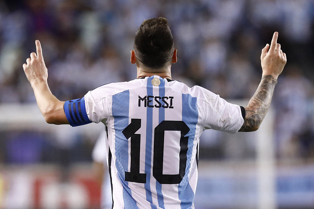 Argentina's Lionel Messi celebrates his goal during the international friendly football game against Jamaica in New Jersey, U.S., September 27, 2022. /CFP