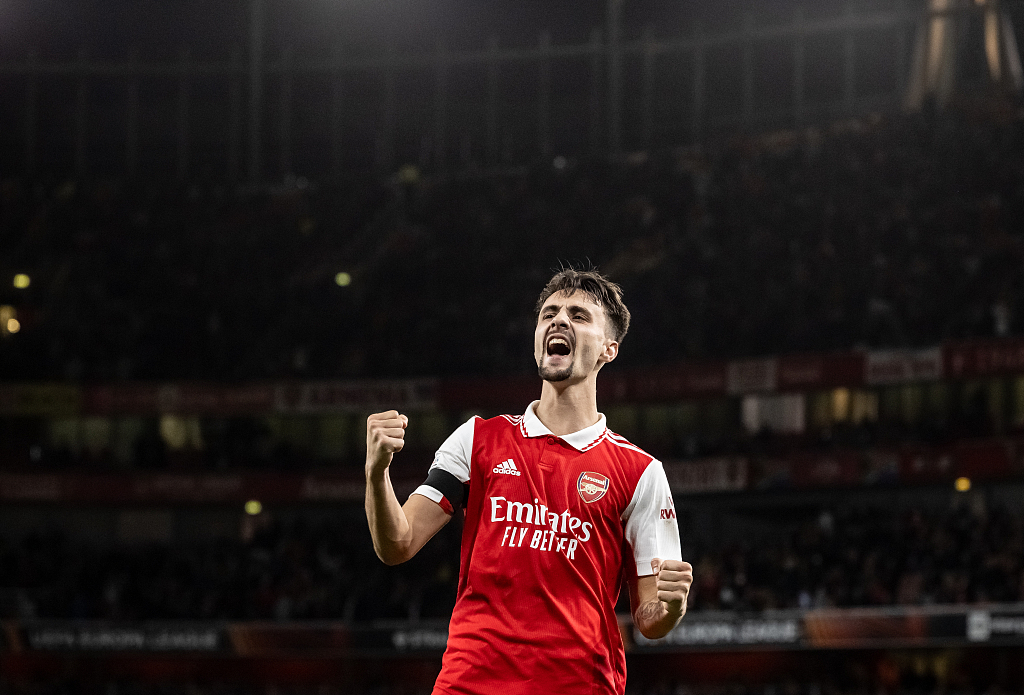 Arsenal's Fabio Vieira celebrates scoring his side's third goal during their Europa League clash with FK Bodo/Glimt at Emirates Stadium in London, United Kingdom, October 6, 2022. /CFP