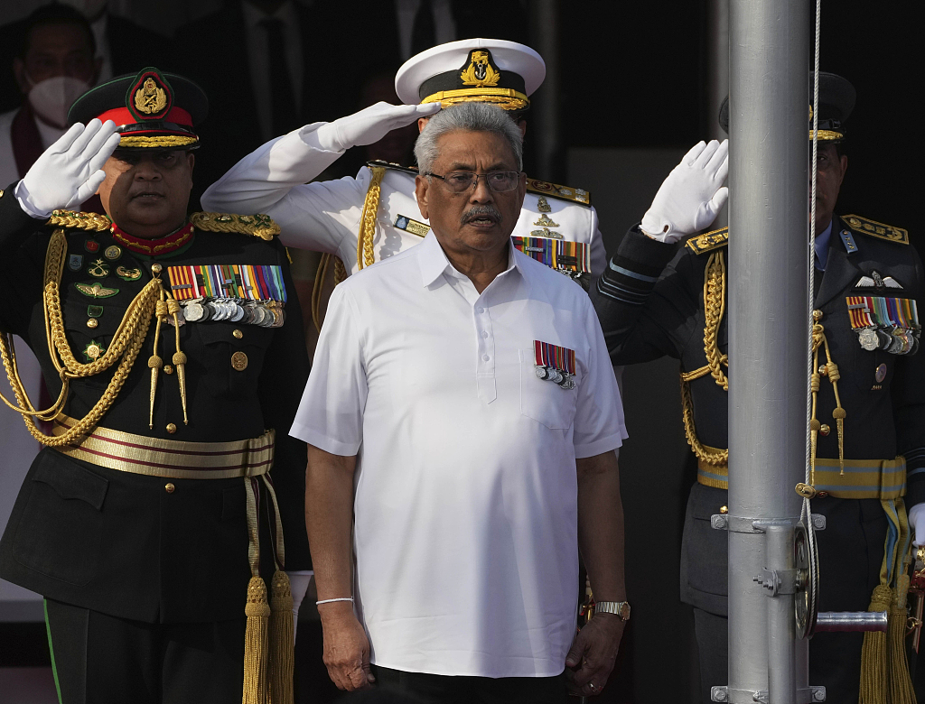 Sri Lankan President Gotabaya Rajapaksa sings the national anthem of Sri Lanka during the country's Independence Day celebration in Colombo, Sri Lanka, February 4, 2022. /CFP