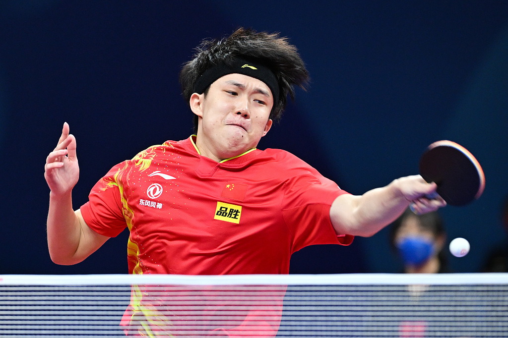 Wang Chuqin of China competes in the World Team Table Tennis Championships Men's semifinals against Japan, October 8, 2022. /CFP