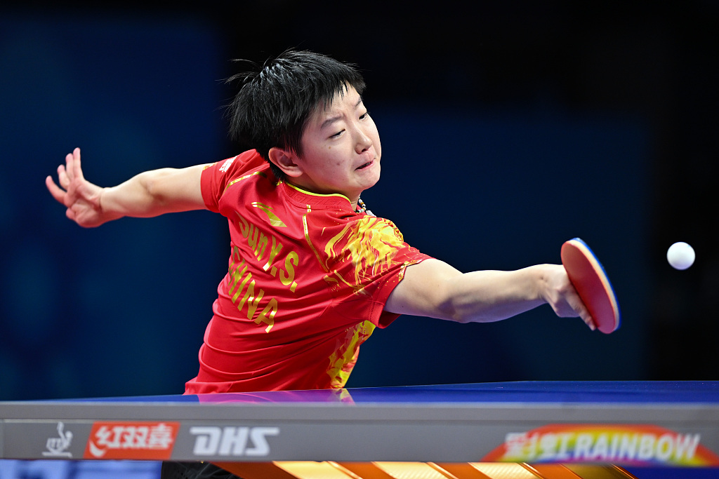 Sun Yingsha of China competes in the World Team Table Tennis Championships Women's final match against Miyu Nagasaki in Chengdu, southwest China's Sichuan Province, October 8, 2022. /CFP