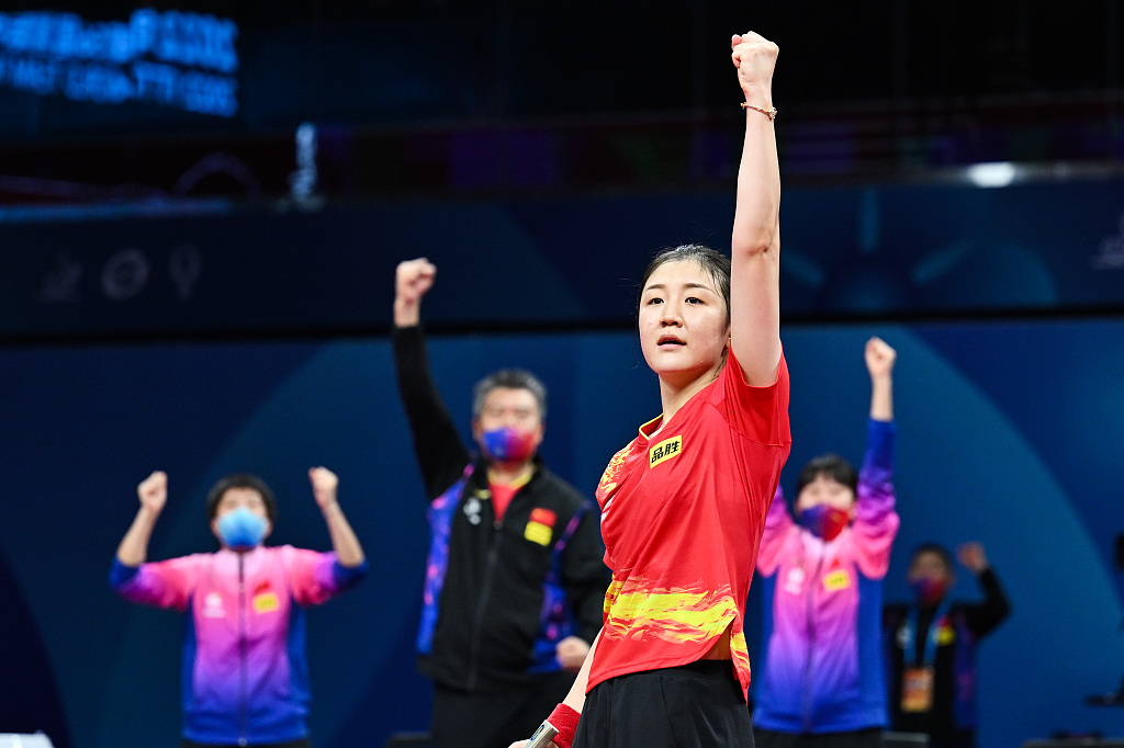 Chen Meng of China reacts after scoring in the World Team Table Tennis Championships Women's final match against Miyuu Kihara in Chengdu, southwest China's Sichuan Province, October 8, 2022. /CFP