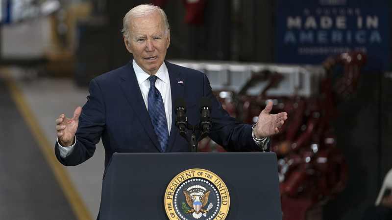 The U.S. President Joe Biden speaks at the Volvo Group Powertrain Operations facility in Hagerstown, the U.S., October 7, 2022. /CFP