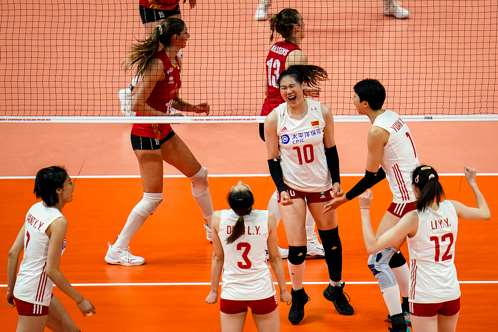Players of China celebrate after scoring in the FIVB Volleyball Women's World Championship match against Belgium in Rotterdam, the Netherlands, October 9, 2022. /CFP
