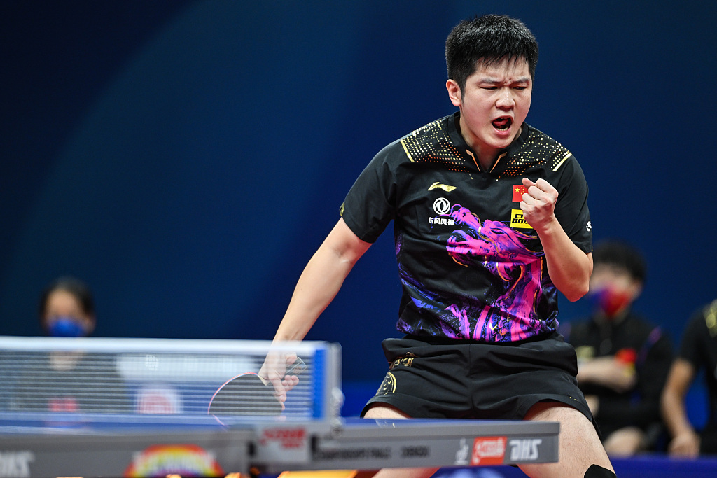 Fan Zhendong of China reacts after scoring in the World Team Table Tennis Championships Men's final match against Benedikt Duda of Germany in Chengdu, southwest China's Sichuan Province, October 9, 2022. /CFP