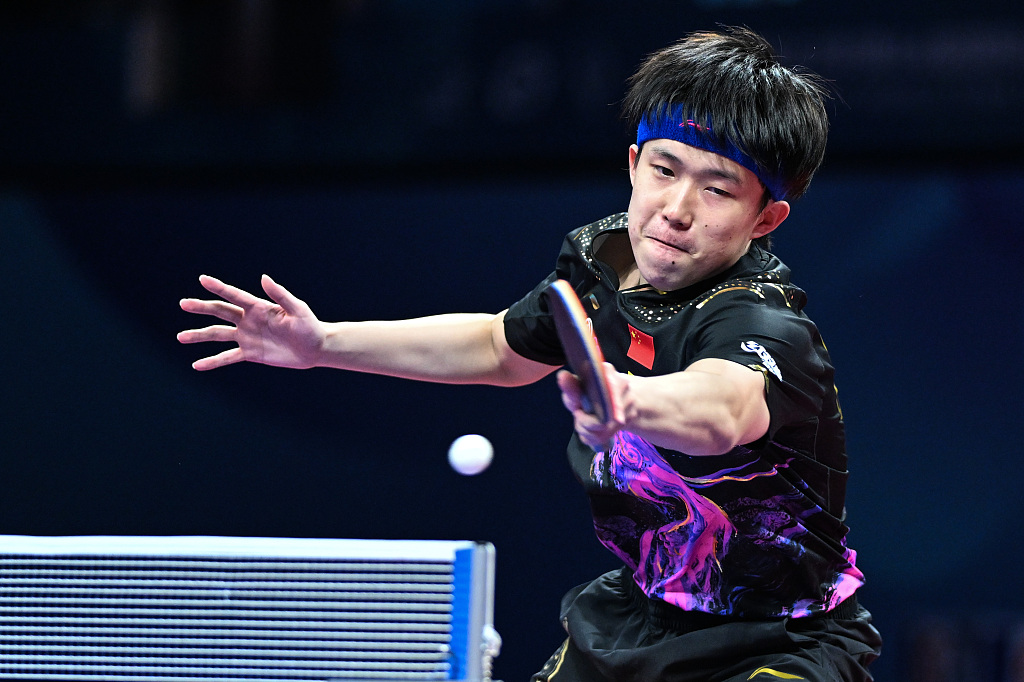 Wang Chuqin of China competes in the World Team Table Tennis Championships Men's final match against Kay Stumper of Germany in Chengdu, southwest China's Sichuan Province, October 9, 2022. /CFP