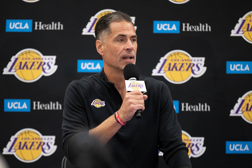 General manager and vice president of basketball operations Rob Pelinka of the Los Angeles Lakers speaks at the press conference at the UCLA Health Training Center in El Segundo, Los Angeles, California, September 26, 2022. /CFP
