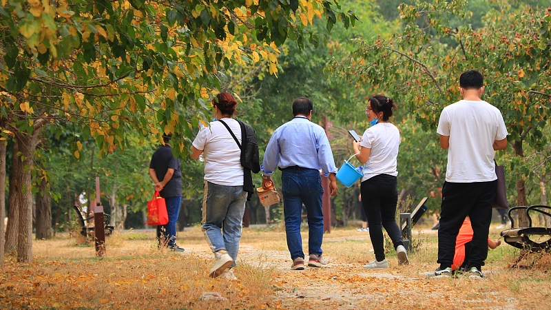 Tourists walk in Nanhu park in Tianjin, China, October 1, 2022. /CFP