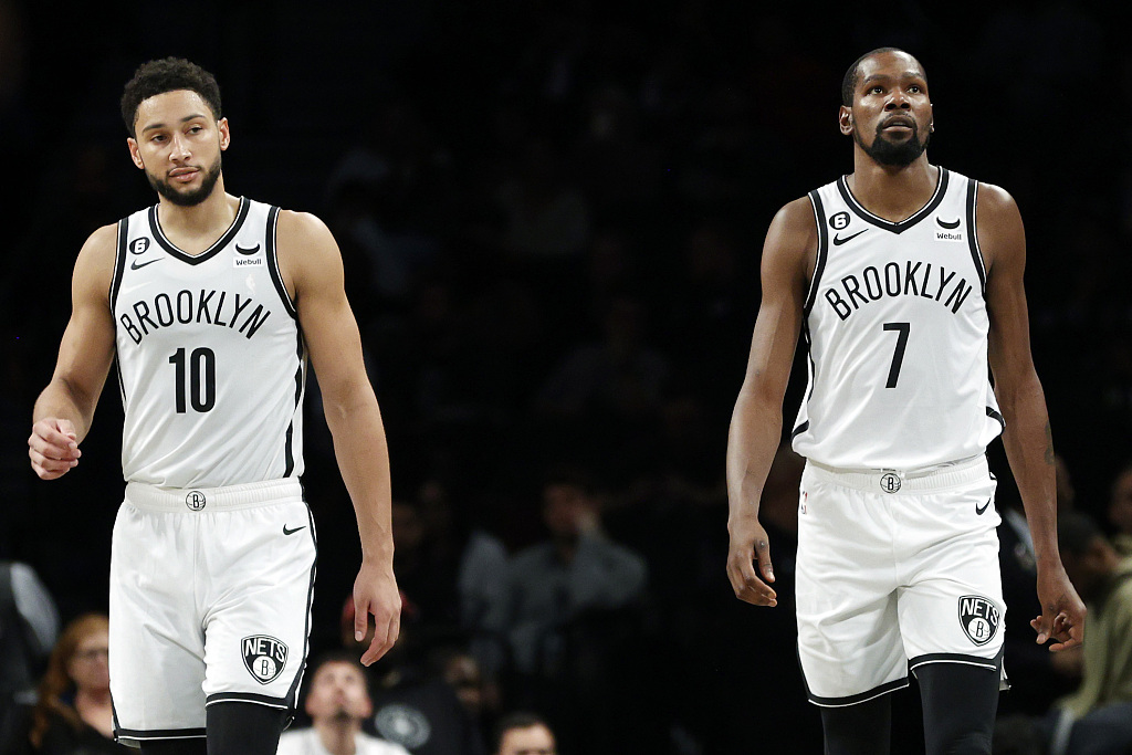 Ben Simmons (#10) and Kevin Durant of the Brooklyn Nets during the NBA preseason game against the Miami Heat at the Barclays Center in Brooklyn, New York City, October 6, 2022. /CFP