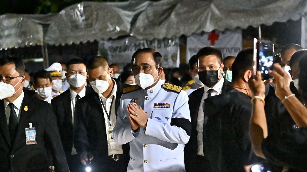 Thai Prime Minister Prayuth Chan-ocha meets relatives of the victims of the nursery mass shooting at Wat Rat Samakee Temple in northeastern Nong Bua Lam Phu province, Thailand, October 9, 2022. /CFP