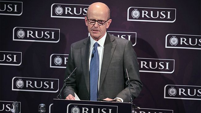 Jeremy Fleming, director of Britain's GCHQ spy agency, deliveing the 2022 RUSI Annual Security Lecture, London, th UK. /GCHQ