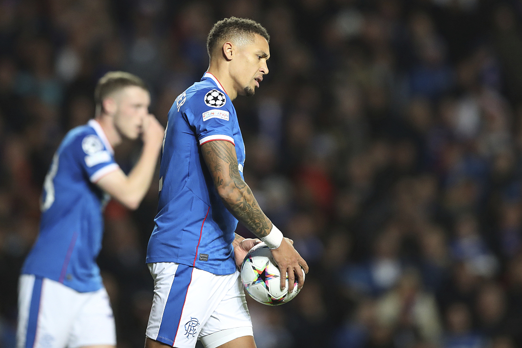 Rangers captain James Tavernie reacts after suffering their heaviest-ever defeat in Champions League at Ibrox Stadium in Glasgow, UK, October 12, 2022. /CFP