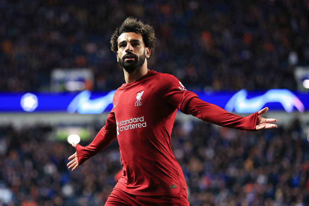 Mohamed Salah of Liverpool celebrates after scoring a goal in the UEFA Champions League game against Glasgow Rangers at Ibrox Stadium in Glasgow, Scotland, October 12, 2022. /CFP 