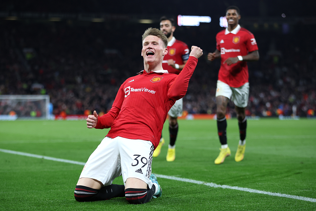 Scott McTominay of Manchester United celebrates after scoring the winning goal against Omonia Nicosia at Old Trafford in Manchester, England, October 13, 2022. /CFP