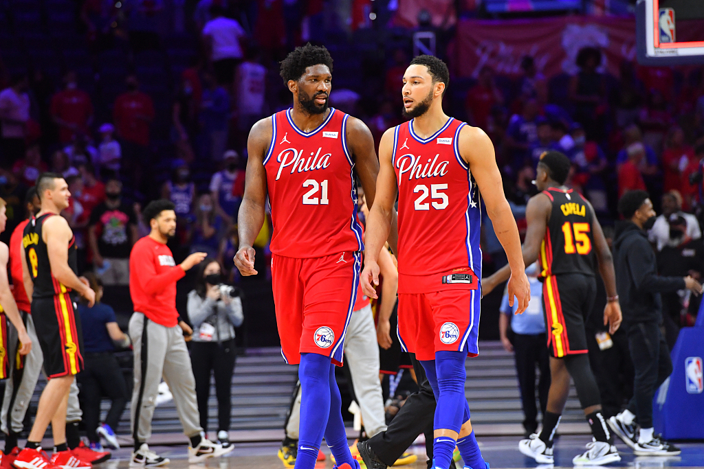 Ben Simmons (#25) and Joel Embiid (#21) of the Philadelphia 76ers look on in Game 1 of the NBA Eastern Conference semifinals against the Atlanta Hawks at Wells Fargo Center in Philadelphia, Pennsylvania, June 6, 2021. /CFP