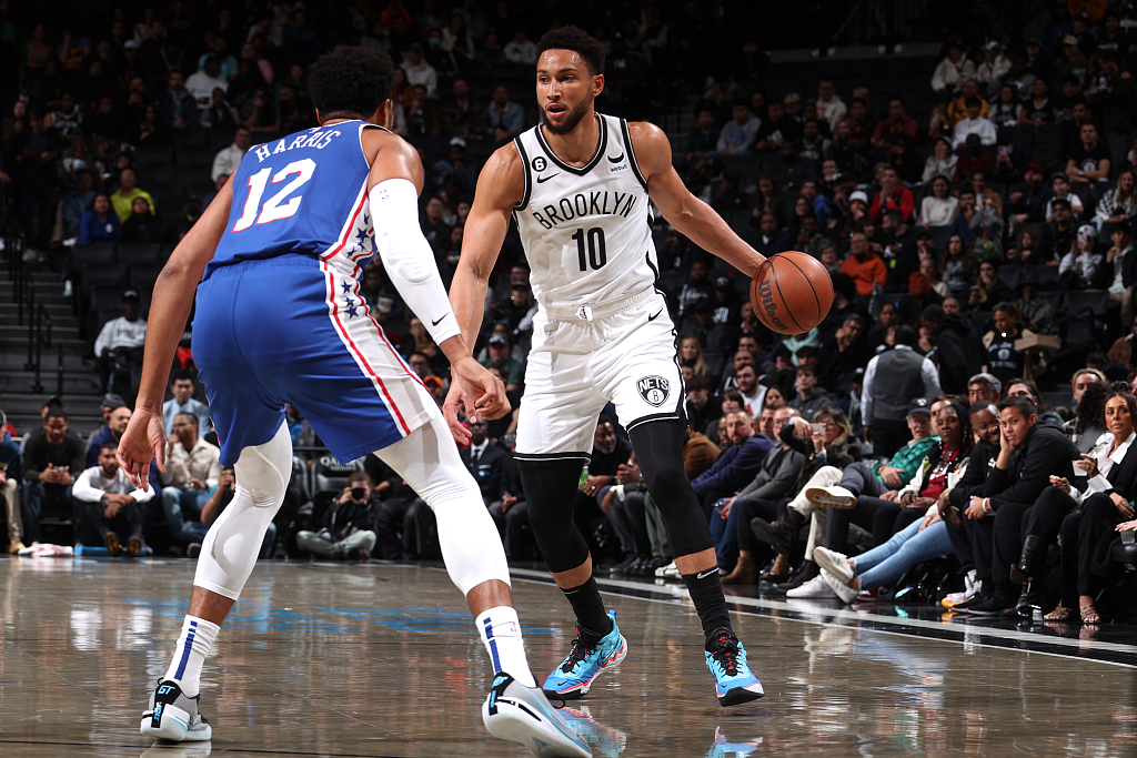 Ben Simmons (#10) of the Brooklyn Nets handles the ball in the NBA pre-season game against the Philadelphia 76ers at the Barclays Center in Brooklyn, New York City, New York, October 3, 2022. /CFP