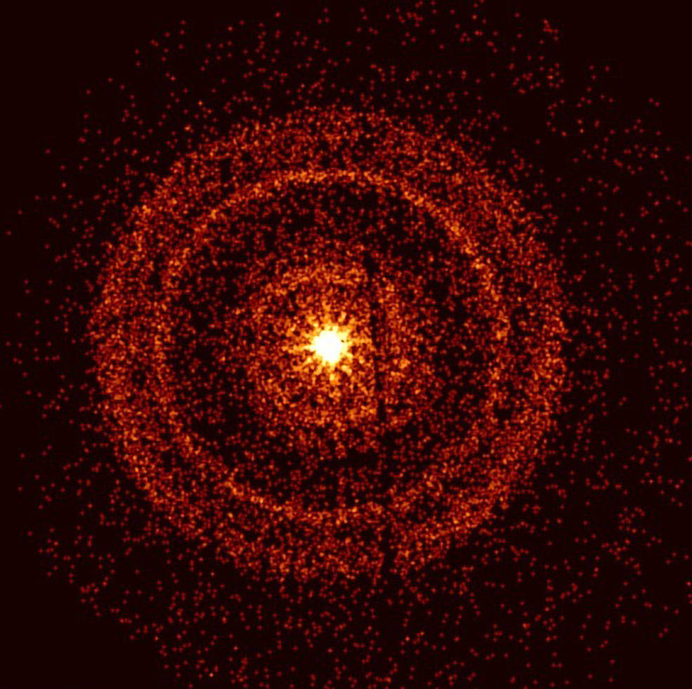 The X-ray telescope from NASA's Neil Gehrels Swift Observatory captures the afterglow of GRB 221009A about an hour after it was first detected. The bright rings form as a result of X-rays scattered from otherwise unobservable dust layers within our galaxy that lie in the direction of the burst. /NASA